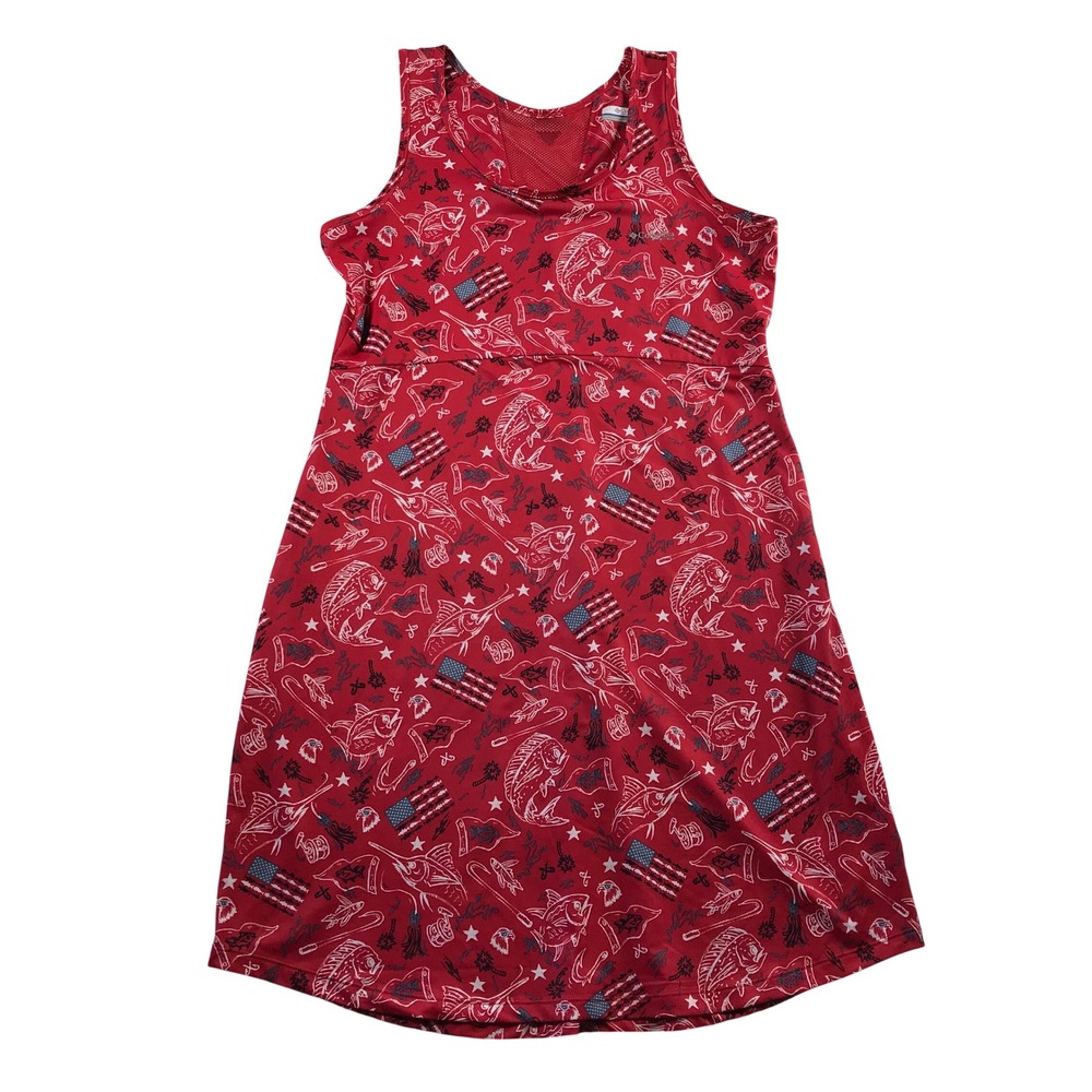 Columbia PFG Freezer III Dress Womens Large Red Patriotic Fishing Print XL0375